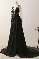 Formal Dresses Nearby, Black Long Sleeves Chiffon With Lace Evening Dress, Black A-Line Party Dress With Leg Slit