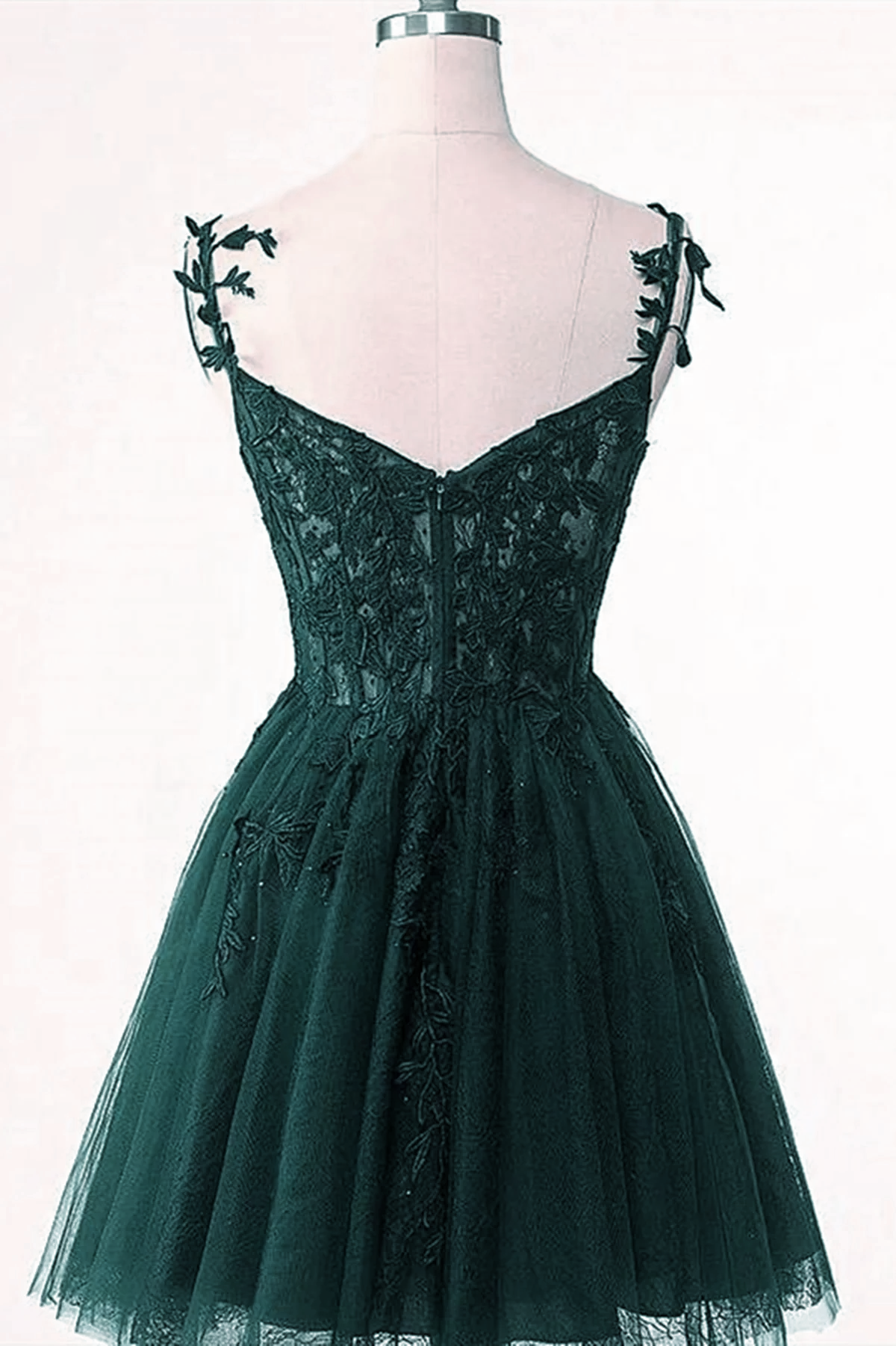 Formal Dress Long Elegant, V-Neckline Dark Green Tulle With Lace Short Homecoming Dress, Green Short Prom Dress