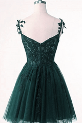 Formal Dress Long Elegant, V-Neckline Dark Green Tulle With Lace Short Homecoming Dress, Green Short Prom Dress