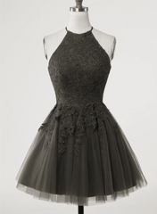 Formal Dresses Classy Elegant, Black Halter Tulle With Lace Short Party Dress, Black Tulle Homecoming Dress
