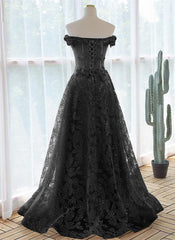 Formal Dresses Elegant Classy, A-Line Off Shoulder Black Tulle With Lace Party Dress, Black Long Prom Dress