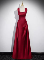 Formal Dress Attire For Wedding, A-Line Sleeveless Wine Red Satin Evening Dress, Wine Red Long Prom Dress