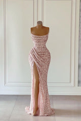 Prom Dress Color, New Arrival Pink Sequins Sleeveless Evening Dresses With Split