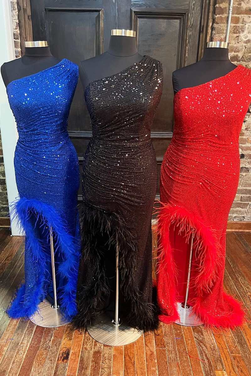 Pink Prom Dress, One-Shoulder Sequin Feather Long Prom Dress with Slit