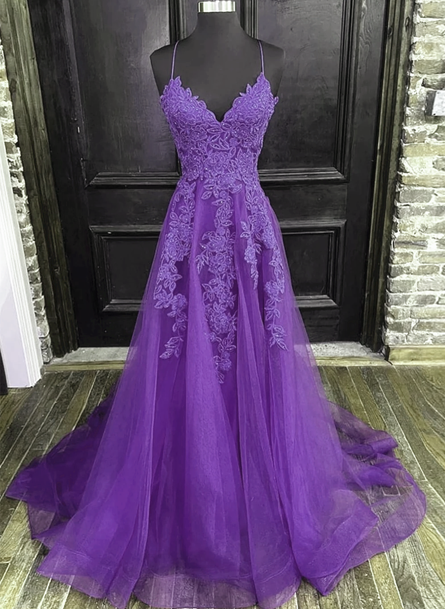 Formal Dresses Websites, V-Neckline Purple A-Line Straps Long Prom Dress, Purple Long Evening Dress Party Dress