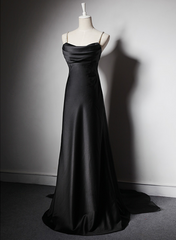 Formal Dressed Long, Black Soft Satin A-Line Floor Length Prom Dress, Black Straps Long Evening Dress