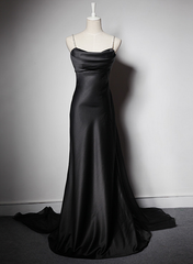 Formal Dresses Truworths, Black Soft Satin A-Line Floor Length Prom Dress, Black Straps Long Evening Dress
