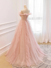 Formal Dresses And Gowns, Pink Tulle Off The Shoulder A-Line Tulle Ruffles Floor-Length Prom Dress, Pink Long Party Dress