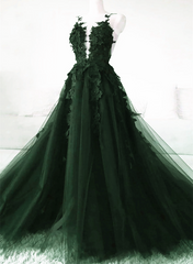 Formal Dresses For Wedding, Green A-Line Tulle With Lace Low Back Prom Dress, Green Tulle Evening Dress Party Dress