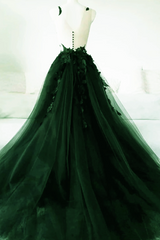 Formal Dress For Wedding, Green A-Line Tulle With Lace Low Back Prom Dress, Green Tulle Evening Dress Party Dress