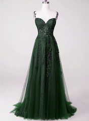 Formal Dressing For Wedding, Dark Green Tulle With Lace Beaded Straps Prom Dress, Green Long Formal Dress Party Dress