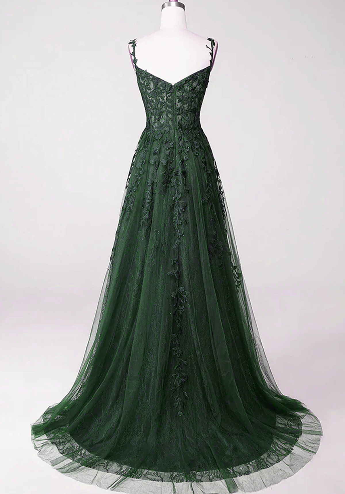 Formal Dress Cheap, Dark Green Tulle With Lace Beaded Straps Prom Dress, Green Long Formal Dress Party Dress