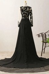 Formal Dress Prom, Black Long Sleeves Chiffon With Lace Evening Dress, Black A-Line Party Dress With Leg Slit