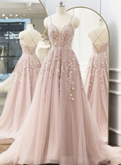 Formal Dresses With Tulle, Pink Tulle With Lace Straps Long Party Dress, Pink Tulle Prom Dress Evening Dress