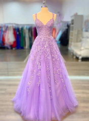 Formals Dresses Short, A-Line Tulle Princess Light Purple Prom Dress With Appliques, Tulle Straps Formal Dress
