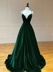 Formal Dresses Off The Shoulder, Green V-Neckline Straps Lace-Up A-Line Prom Dress, Green Velvet Long Prom Dress
