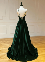 Formal Dresses Corset, Green V-Neckline Straps Lace-Up A-Line Prom Dress, Green Velvet Long Prom Dress