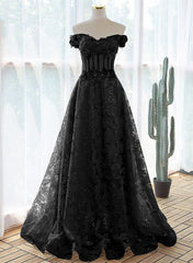 Formal Dress For Winter, A-Line Off Shoulder Black Tulle With Lace Party Dress, Black Long Prom Dress