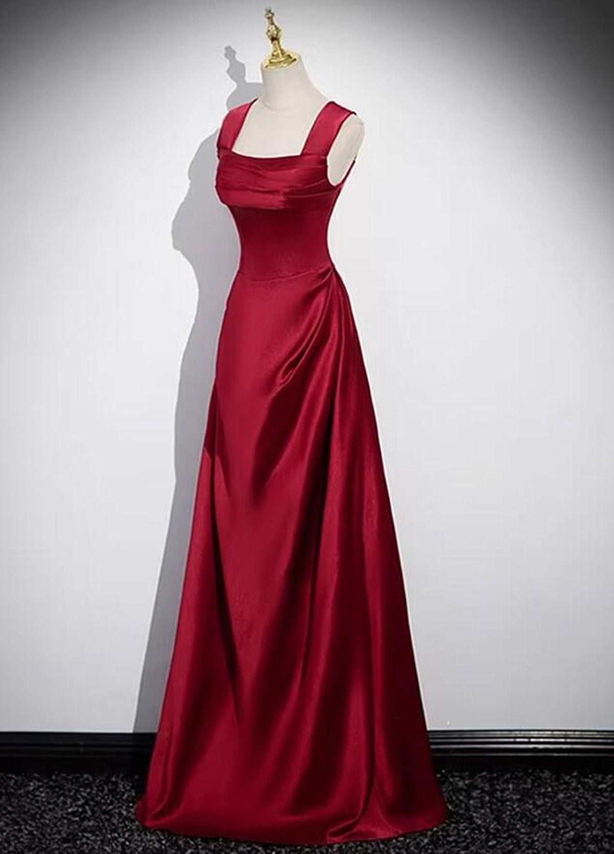 Formal Dresses For Wedding Guest, A-Line Sleeveless Wine Red Satin Evening Dress, Wine Red Long Prom Dress