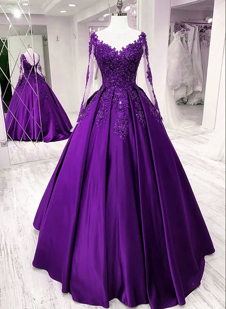 Formal Dress Websites, Purple Satin Long Sleeves Prom Dress Formal Dress, Lace Applique Sweet 16 Dress