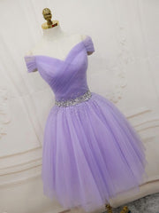 Fall Wedding Ideas, Purple Off Shoulder Tulle Sequin Prom Dress, Purple Homecoming Dress