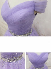 Wedding Inspiration, Purple Off Shoulder Tulle Sequin Prom Dress, Purple Homecoming Dress