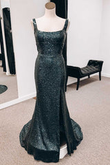 Prom Dresses 17, Black Sequin Square Neck Backless Mermaid Long Formal Dress with Slit