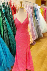 Party Dress Code Idea, Hot Pink Mermaid V Neck Sequins Crossed Back Long Prom Dress with Slit