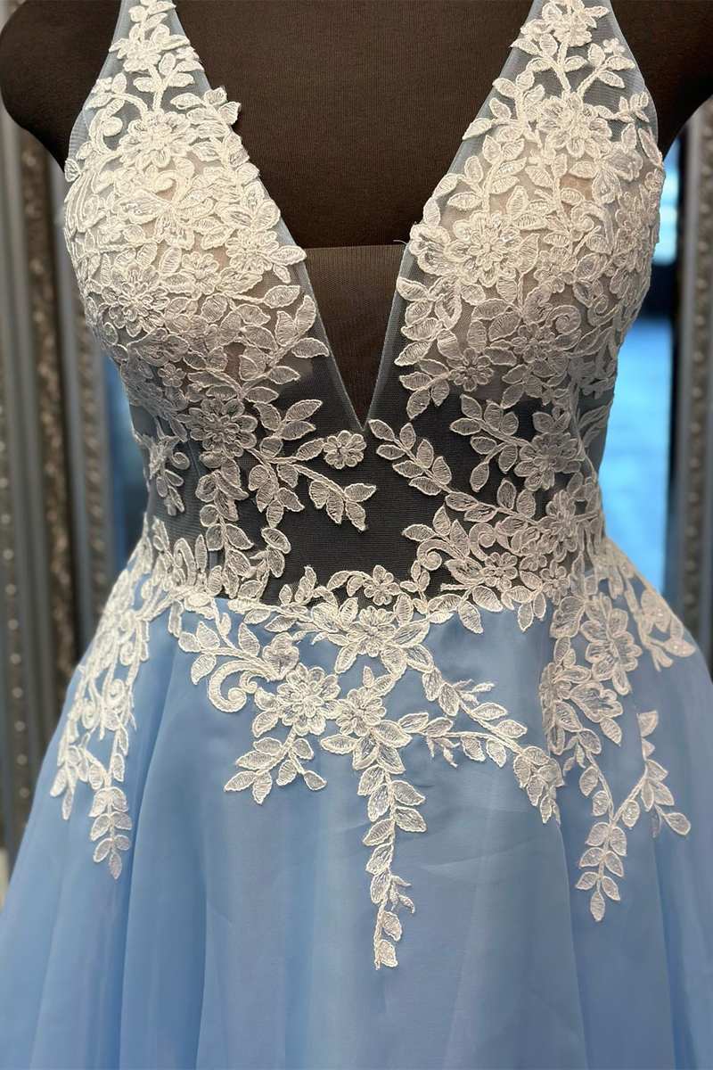 Prom Gown, Light Blue Floral Lace V-Back A-Line Long Prom Dress