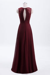 Prom Dress With Slits, Burgundy Chiffon A-line Pleated Long Bridesmaid Dress