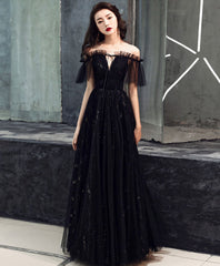 Bridesmaid Dresses Dusty Blue, Black Tulle Off Shoulder Long Prom Dress, Black Formal Dress