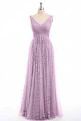 Evening Dress Gown, Dusty Purple Chiffon Jacquard V-Neck A-Line Long Bridesmaid Dress
