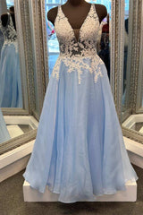 Bridal Dress, Light Blue Floral Lace V-Back A-Line Long Prom Dress