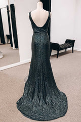 Prom Dress 17, Black Sequin Square Neck Backless Mermaid Long Formal Dress with Slit