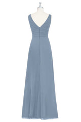 Evening Dress Mermaid, Dusty Blue V-Neck Banded Waist Ruffled Long Bridesmaid Dress