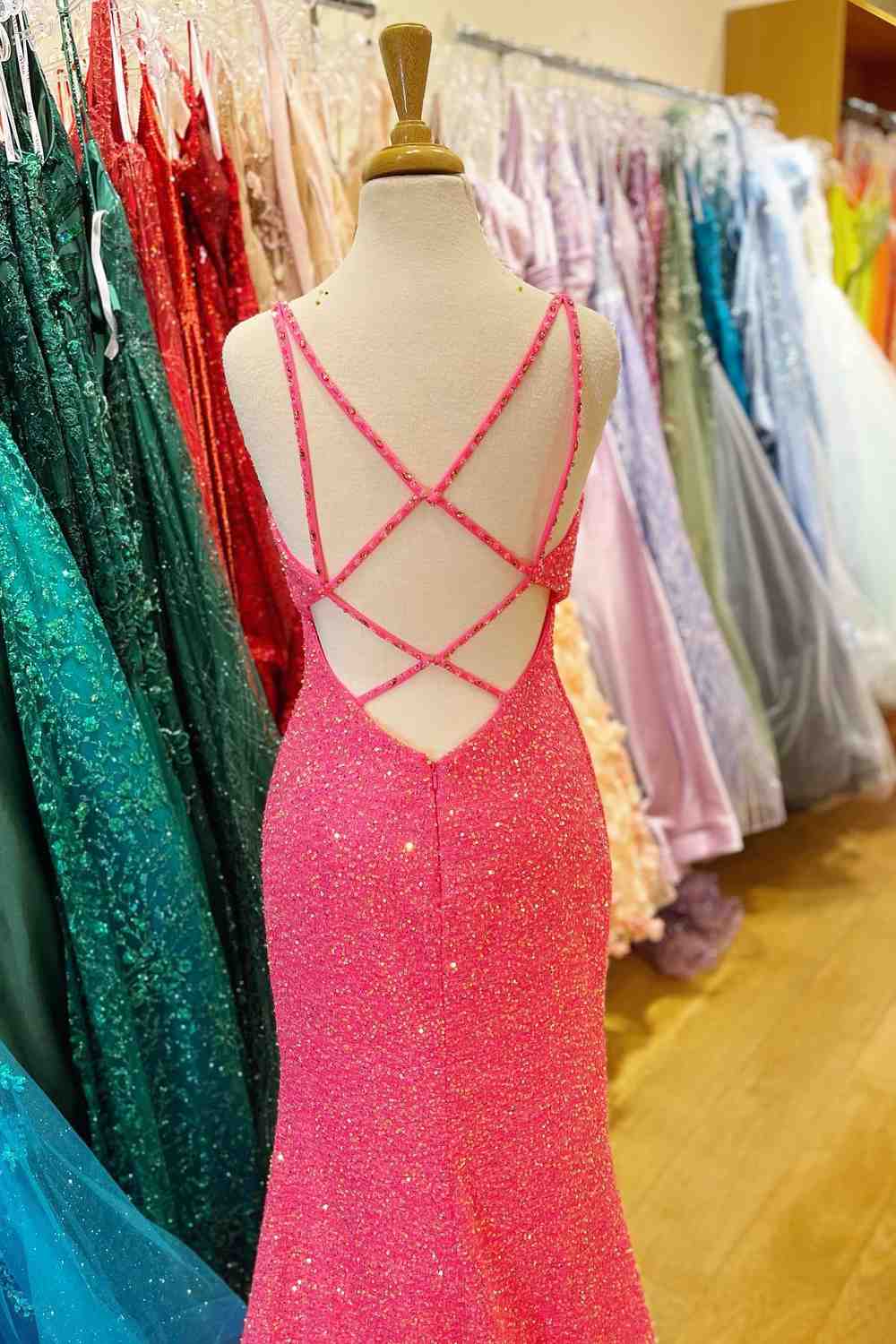 Go Out Outfit, Hot Pink Mermaid V Neck Sequins Crossed Back Long Prom Dress with Slit