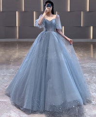 Bridesmaid Dress As Wedding Dress, Blue V Neck Tulle Sequin Long Prom Dress, Blue Tulle Formal Dress, 1