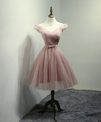 Wedding Flower, Simple V Neck Tulle Off Shoulder Short Prom Dress, Pink Homecoming Dress