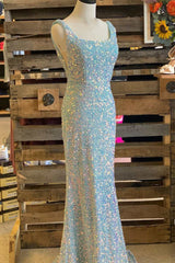 Elegant Prom Dress, Light Blue Iridescent Sequin Square Neck Mermaid Long Formal Dress