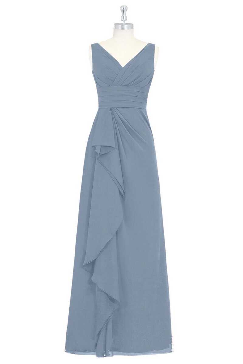 Evening Dress Vintage, Dusty Blue V-Neck Banded Waist Ruffled Long Bridesmaid Dress
