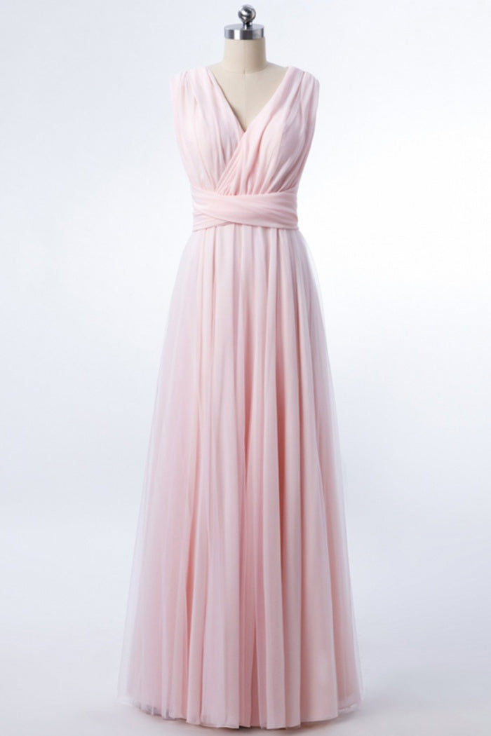 Prom Dress Store Near Me, Blush Pink V-Neck Lace-Up A-Line Bridesmaid Dress