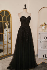 Prom Dresses For Teens Long, Black Strapless A-line Appliques Tulle Long Prom Dress