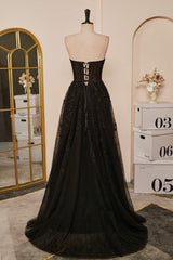 Prom Dresses 2039 Cheap, Black Strapless A-line Appliques Tulle Long Prom Dress