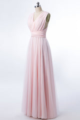 Prom Dresses Mermaid, Blush Pink V-Neck Lace-Up A-Line Bridesmaid Dress