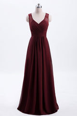 Prom Dresses Simple, Burgundy Chiffon A-line Pleated Long Bridesmaid Dress