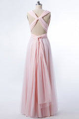 Prom Dresses V Neck, Blush Pink V-Neck Lace-Up A-Line Bridesmaid Dress
