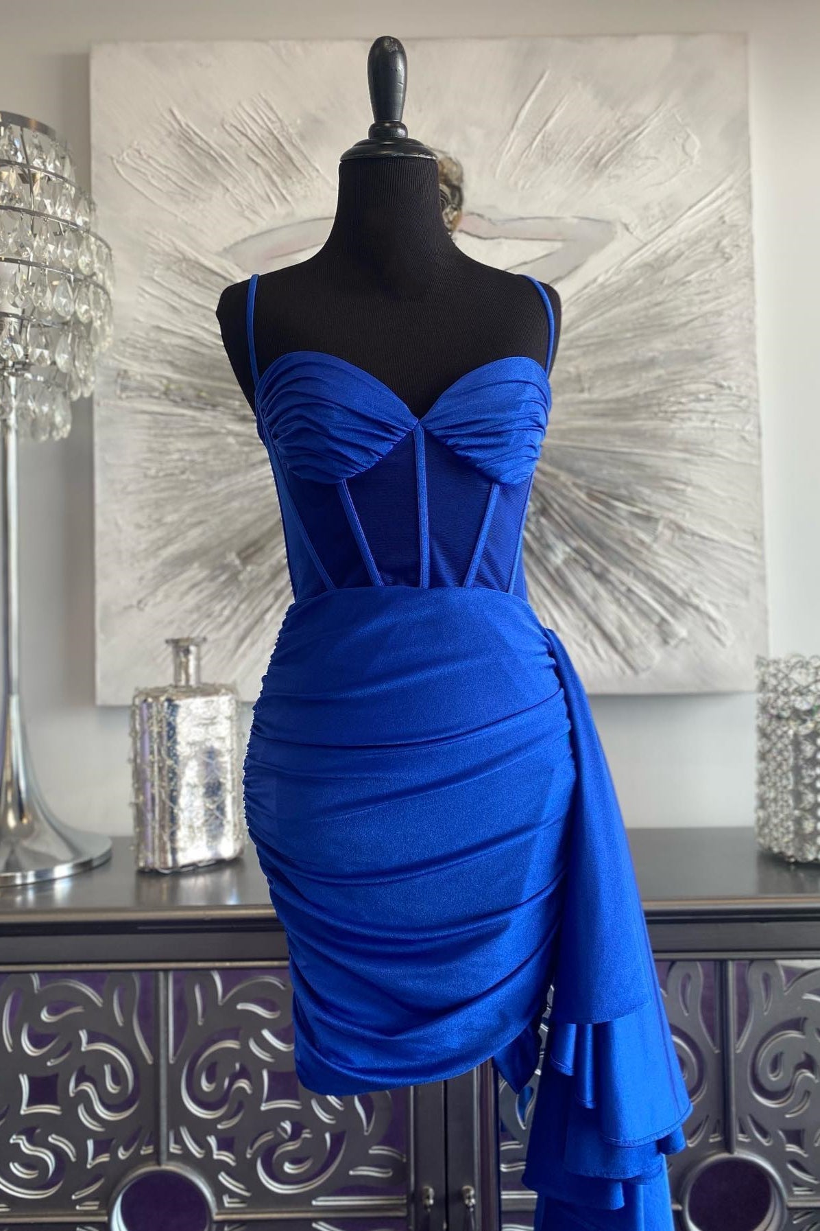 Evening Dresses Boutique, Royal Blue Satin Sheath Cascading Ruffle Homecoming Dress