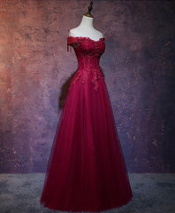On Piece Dress, Burgundy Tulle Lace Off Shoulder Long Prom Dress, Burgundy Lace Evening Dress