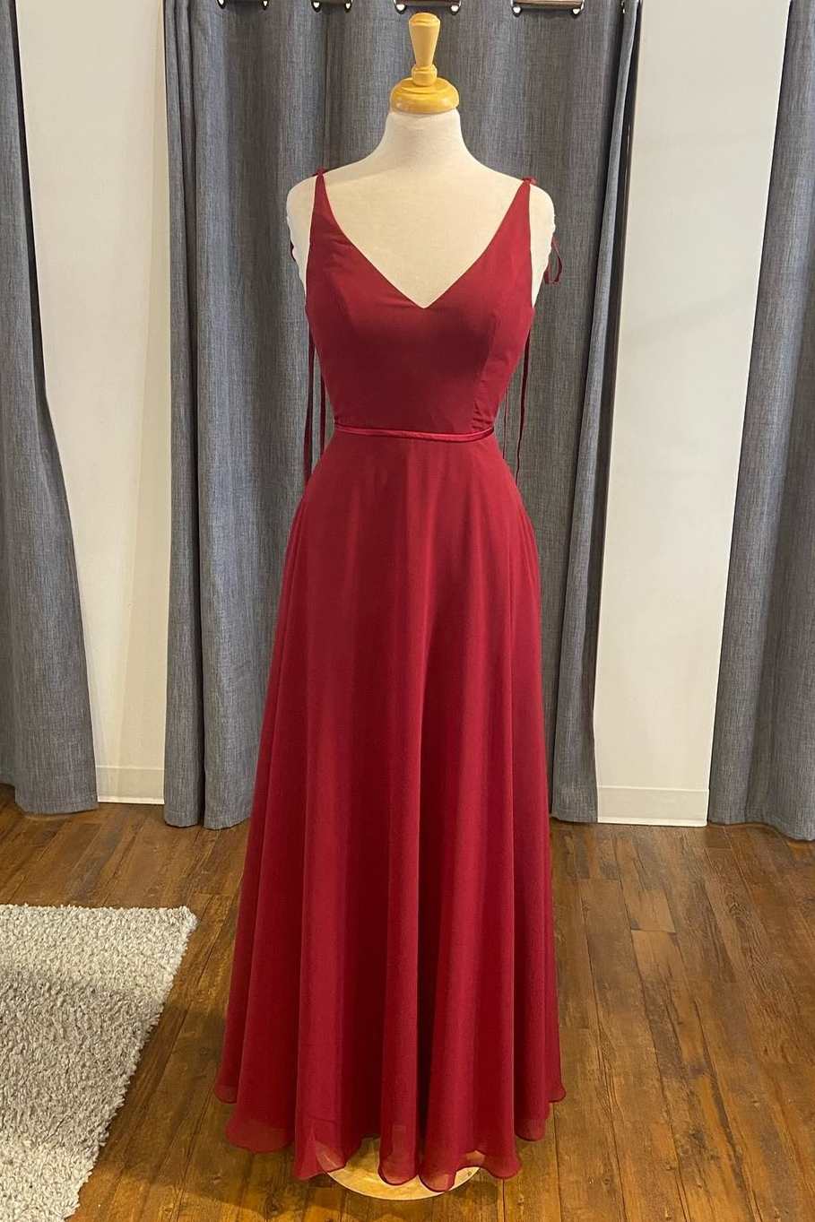 Functional Dress, Simple Red Chiffon V-Neck A-Line Formal Dress