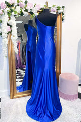 Wedding Shoes, One-Shoulder Royal Blue Mermaid Long Dress with Slit